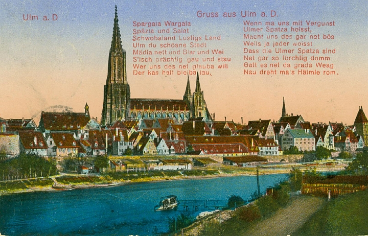 neu_ulm003.jpg - Donaupartie mit Münster, Stadtmauer, Rathaus und Metzgerturm. Das in Mundart verfasste Gedicht, ist ausserhalb von Schwaben schwer zu verstehen.