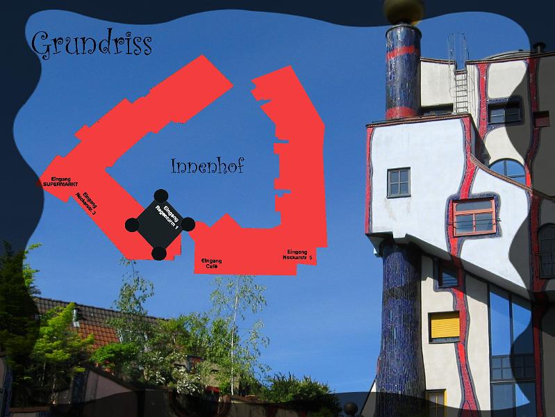 hundertwasser01.JPG - Grundriss.  Einmalig an dieser Anlage ist, wer aus seiner Wohnung in den Innenhof blickt, sieht nur reine Hundertwasser Architektur.